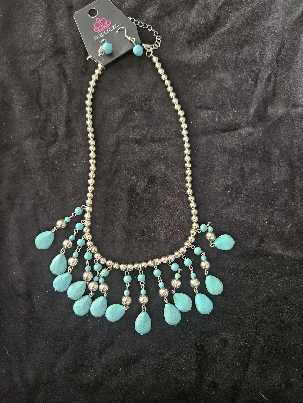 paparazzi Turquoise Teardrop Fringe Necklace with Silver Beads
